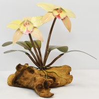 13" Peach and Yellow Metal Orchid on a Root Wood Base Sculpture MM084