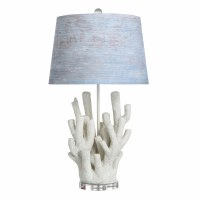 30" Faux White Polyresin Coral Coastal Table Lamp With a Blue Shade