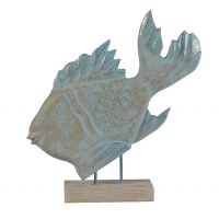 18" x 20" Distressed Blue Wood Fish on a Base Coastal Statue