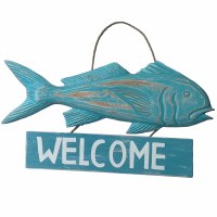 8" x 20" Distressed Blue Wood Tuna "Welcome" Coastal Wall Art Plaque