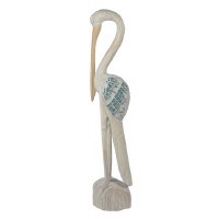 32" Distressed White and Blue Coastal Mosaic Wood Heron Statue