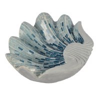 12" Blue Mosaic Coastal Wood Seashell Decorative Bowl