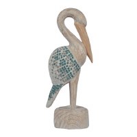 16" Distressed White and Blue Mosaic Coastal Wood Heron Statue