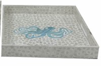 Small Square Blue and White Mosaic Octopus Coastal Capiz Tray