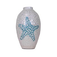 16" White and Blue Mosaic Starfish Coastal Capiz Vase