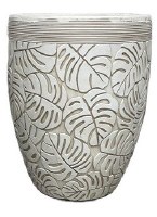 Medium Distressed White Carved Palm Fronds Polyresin Pot