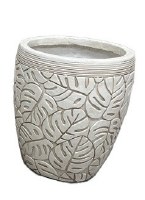 Small Distressed White Carved Palm Fronds Polyresin Pot