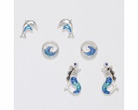 Set of Three Silver Toned and Blue Dolphin, Wave, and Mermaid Earrings