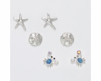 Set of Three Silver Toned and Blue Starfish, Sand Dollar, and Crab Earrings