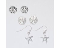 Set of Three Silver Toned Scallop Shell, Starfish, and Sand Dollar Earrings