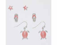 Set of Three Silver Toned and Pink Flip Flop, Starfish, and Sea Turtle Earrings