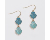 Gold Toned and Two Blue Tones Double Scallop Shell Earrings