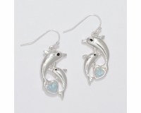 Silver Toned Dolphins With Moonstone Hearts Earrings