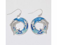 Silver Toned and Blue Dolphin Ring Earrings