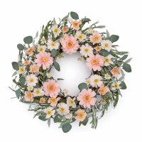 22" Round Faux Pink and White Flowers Wreath