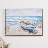 20" x 28" Boat With Seagulls on the Shore Framed Coastal Canvas