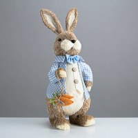 18" Brown Straw Boy Bunny Holding Carrots Statue