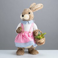 18" Brown Straw Girl Bunny Holding a Basket Statue