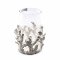 8" Faux White Coral With a Glass Hurricane Coastal Candleholder