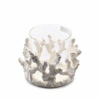 5" Faux White Coral With a Glass Hurricane Coastal Candleholder