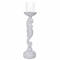 18" Distressed White Seahorse Coastal Pillar Candleholder