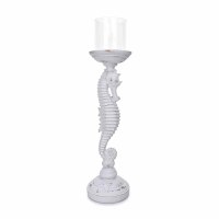 13" Distressed White Seahorse Coastal Pillar Candleholder