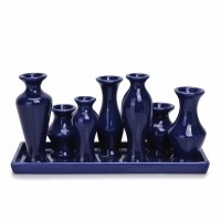 5" x 12" Dark Blue Ceramic Tray With Seven Vases