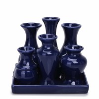 7" Sq Dark Blue Ceramic Tray With Six Vases