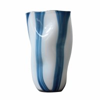 14" Blue and White Stripe Glass Vase