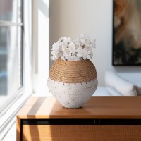 9" Natural Wicker Top and a Distressed White Ceramic Base Vase