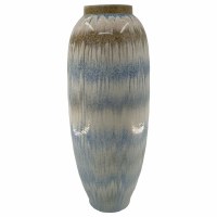 23" Blue and White Ceramic Vase With a Brown Rim