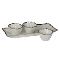 6" x 14" White and Silver Rim Ceramic Tray With Three Ceramic Bowls