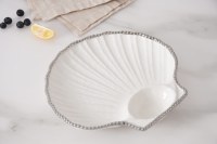 11" x 12" White and Silver Bead Rim Ceramic Scallop Shell Chip and Dip Dish by Pampa Bay