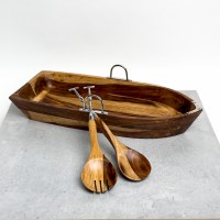 9" x 21" Wood Boat Bowl With Two Servers