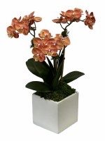 20" Three Faux Orange Orchids in a White Square Pot