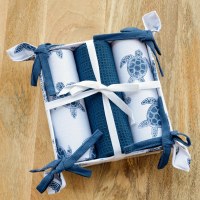 Set of Three Blue Sea Turtle Kitchen Towels With a Towel Holder