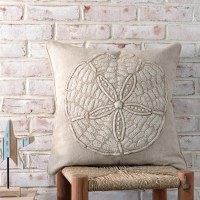 20" Sq Beige Embroidered Sand Dollar Decorative Coastal Pillow