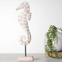 12" Whitewash Wood Seahorse on a Stand Statue