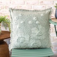 18" Sq Light Green Embroidered Flowers Decorative Pillow