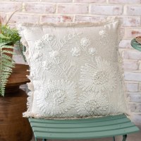 18" Sq Cream Embroidered Flowers Decorative Pillow