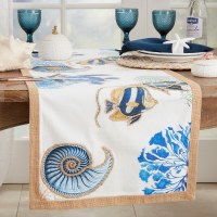 16" x 72" Blue Sea Life Jute Border Coastal Table Runner