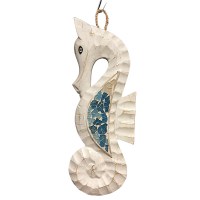 12" Distressed White Mosaic Seahorse Coastal Wood Wall Art Plaque