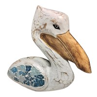 14" Distressed White and Blue Mosaic Pelican Coastal Wood Statue