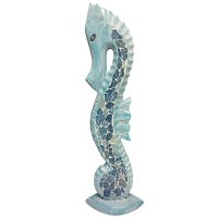 24" Blue Mosaic Seahorse Coastal Wood Statue