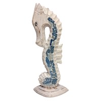 17" Distressed White and Blue Seahorse Coastal Wood Statue