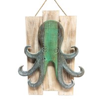 21" Distressed Green Octopus Coastal Wood Wall Art Plaque