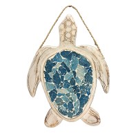 16" Distressed White and Blue Mosaic Sea Turtle Coastal Wood Wall Art Plaque