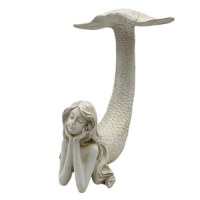 8" Distressed White Mermaid With Her Tail Up Coastal Polyresin Statue