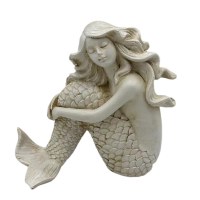 6" Distressed White Mermaid Sitting Coastal Polyresin Statue