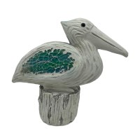 Distressed White and Mosaic Wing Pelican on a Piling Coastal Statue